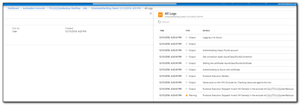 Navigating through to Automation Account logs