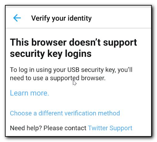Twitter login prompt failure when using a hardware key on a mobile device.