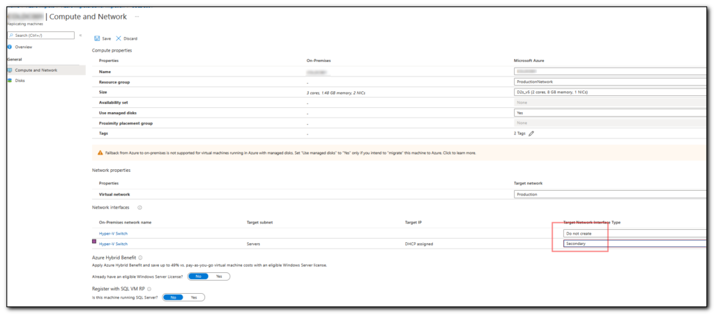 Screenshot of configuring Compute and Network for an Azure migrate server