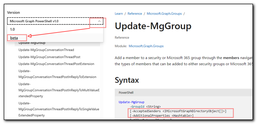 Screenshot for the update-MgGroup command that is missing the AccessType parameter