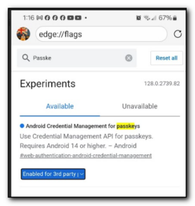 Dialog box in Edge on Android 14 that shows passkeys set to 3rd party management